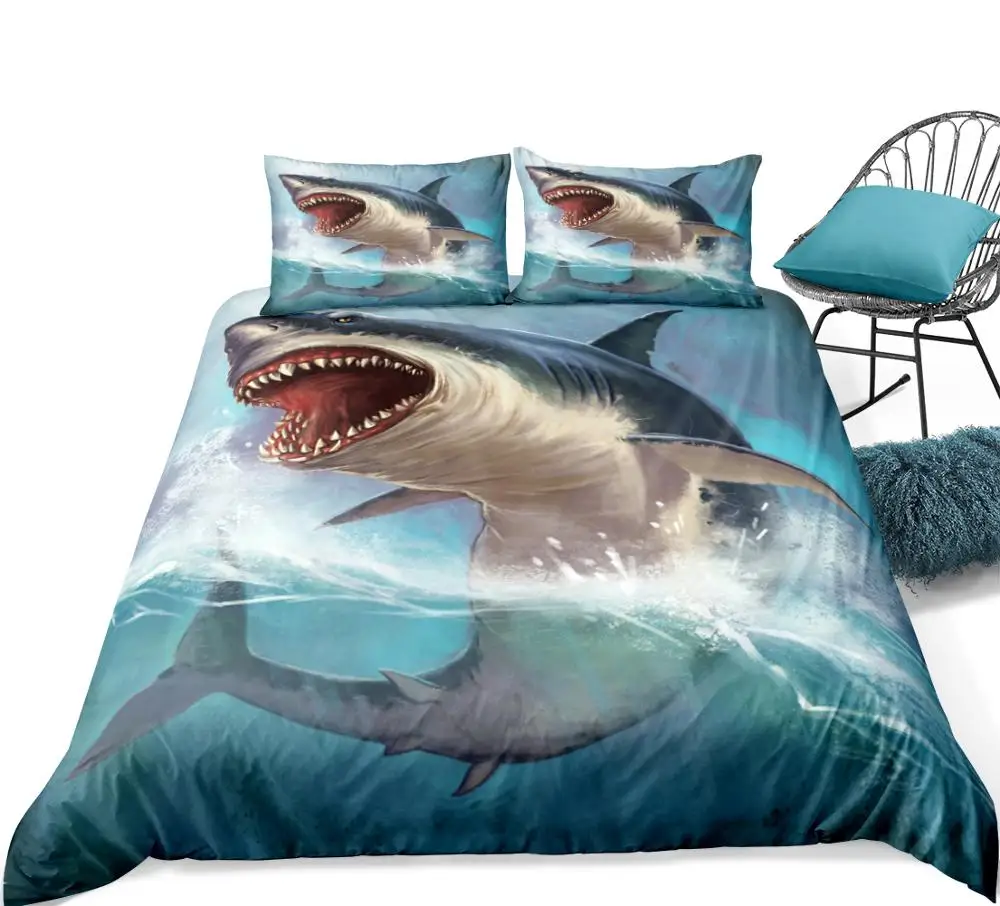 3D Shark Boy Bedding Set Ocean Animal duvet cover set Queen Ocean Fish Bed Set Blue Shark Bed Line King Home Textiles