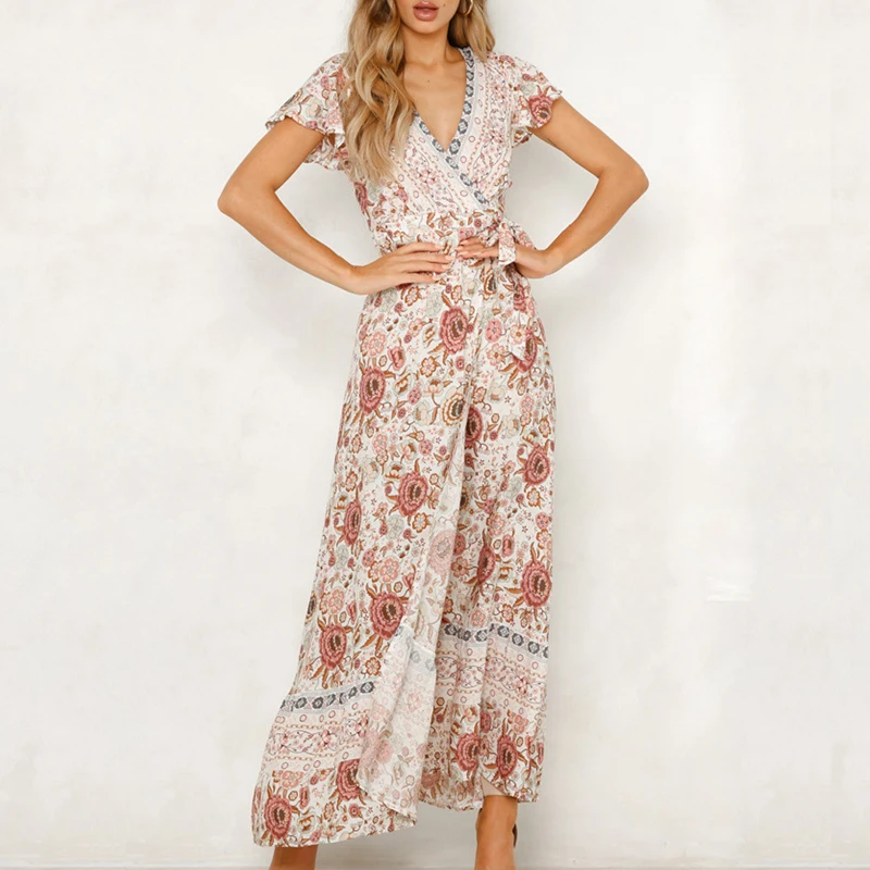

2019 Summer Women Floral Print Boho Dress Sexy V-neck High Split Beach Long Dress Causal Short Sleeve Sashes Wrap Maxi Dresses