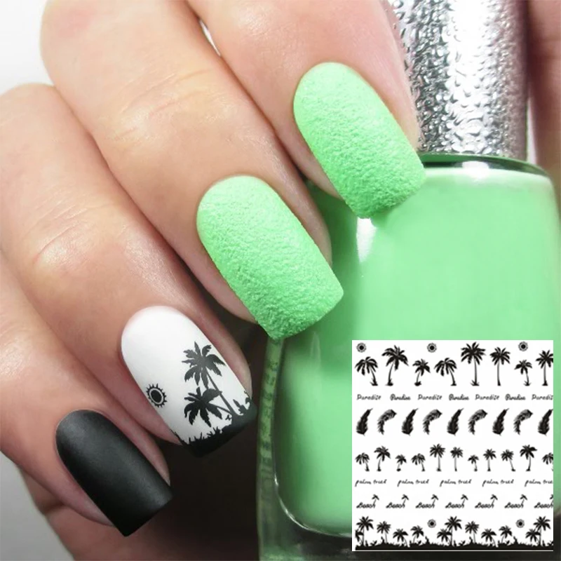 1 Sheet Feather Nail Water Decals Coconut Tree Summer Style Transfer Stickers Nail Art Sticker Tattoo Decals