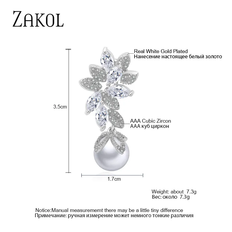 ZAKOL Fashion Design Elegant Female Jewelry White Gold CZ Drop Earings With Imitation Pearls For Gift FSEP568