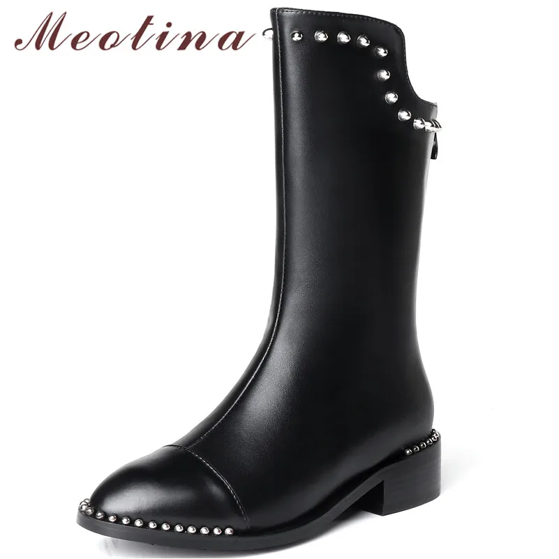 

Meotina Genuine Leather Mid-Calf Boots Women Rivets Zipper Thick Heels Boots Real Leather Round Toe Shoes Female Autumn Size 39
