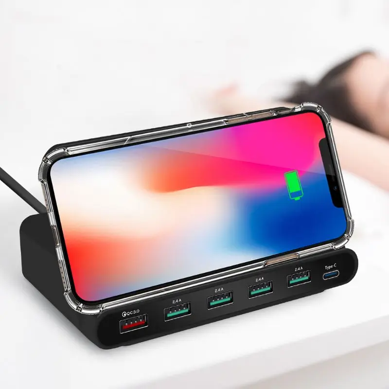 

QC 3.0 Quick Wireless Charger 5 USB Ports Type C Charging Dock Station for iphone Samsung Xiaomi Smartphone USB Charger