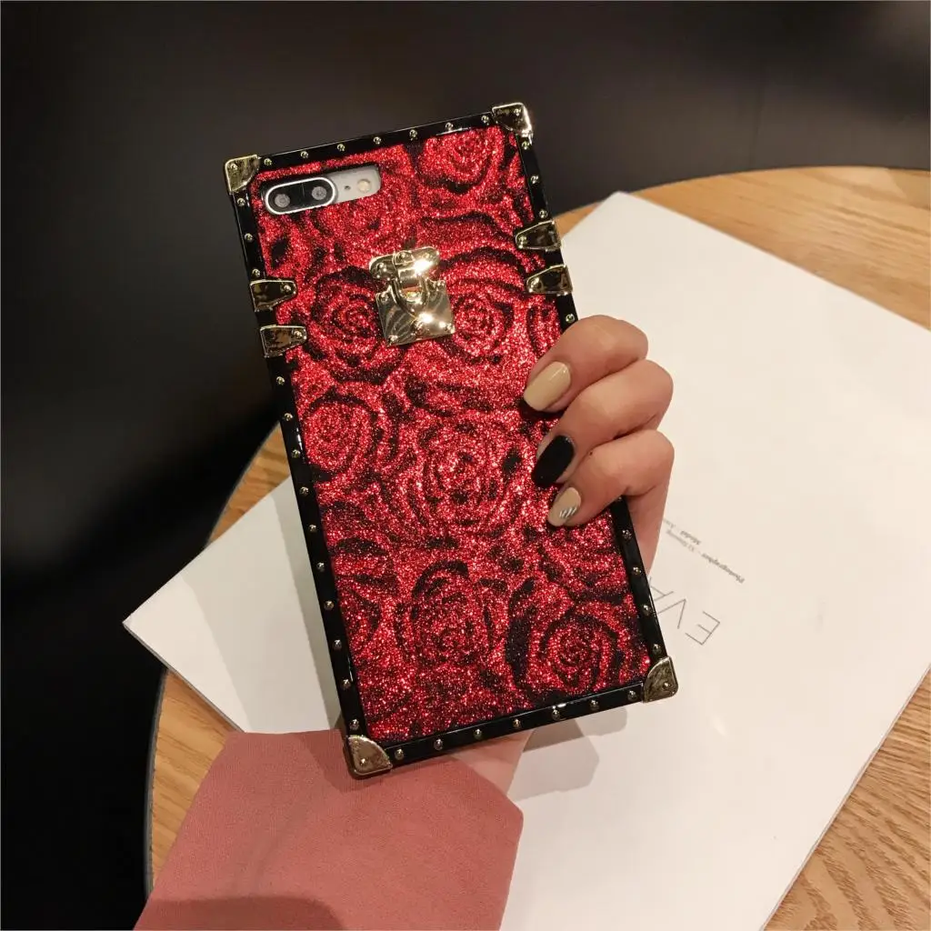 Роскошный чехол с квадратной вышивкой и 3D розами для iPhone 7, 8, 6, 6s Plus, X, Xs, Max, Xr, яркий блестящий Мягкий силиконовый чехол с ремешком