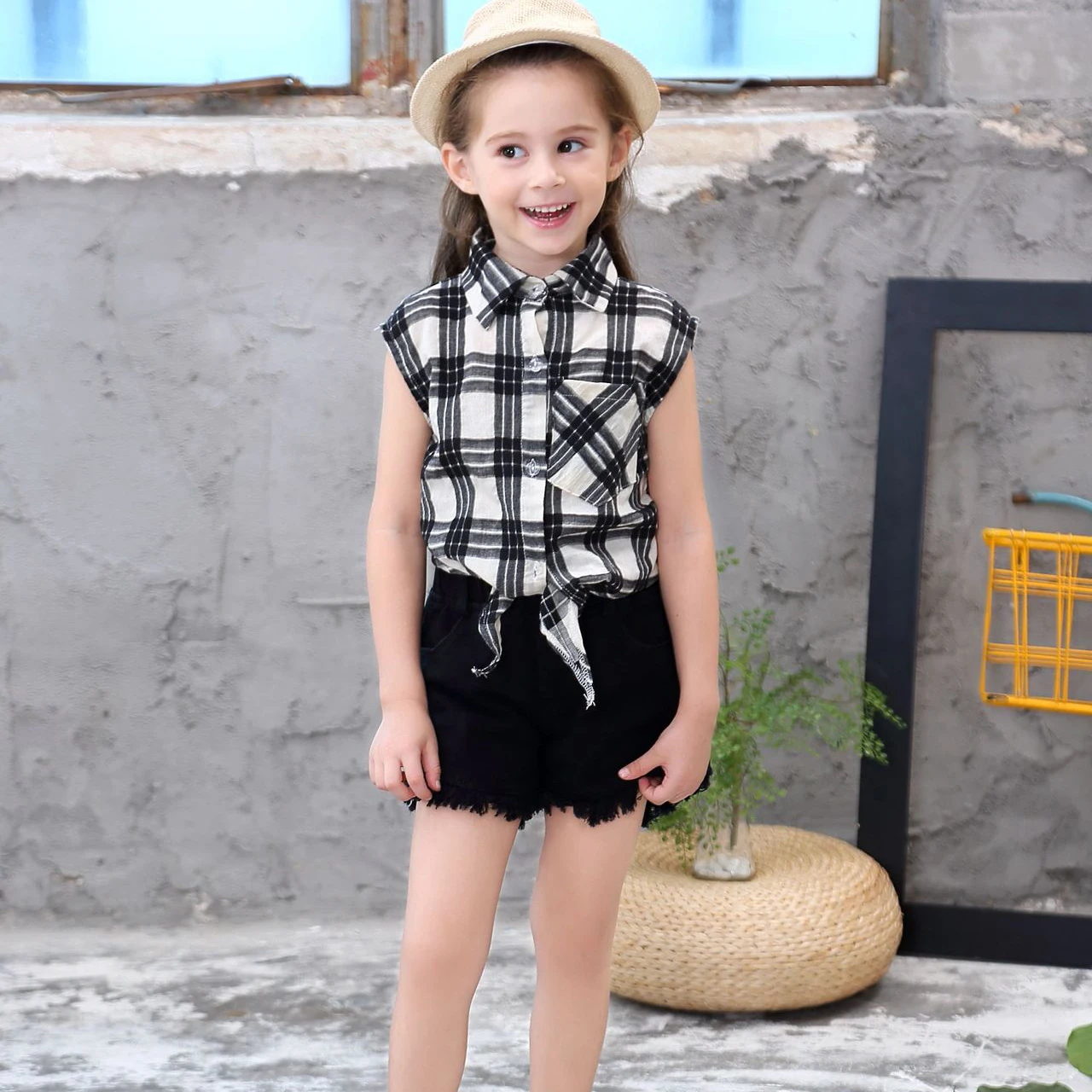 

3 4 5 6 7 8 9 10 Year Girls Suits Black White Plaid Shirts Shorts Children Clothing Set 2019 New Summer Casual Kids Clothes