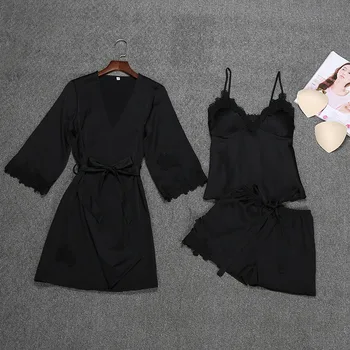 

Black Sexy 3Pcs Robe Kimono Sleepwear Sets Spring Womens Strap Top Pants Suit Casual Home Wear Pajamas Nightwear Bath Gown M-2XL
