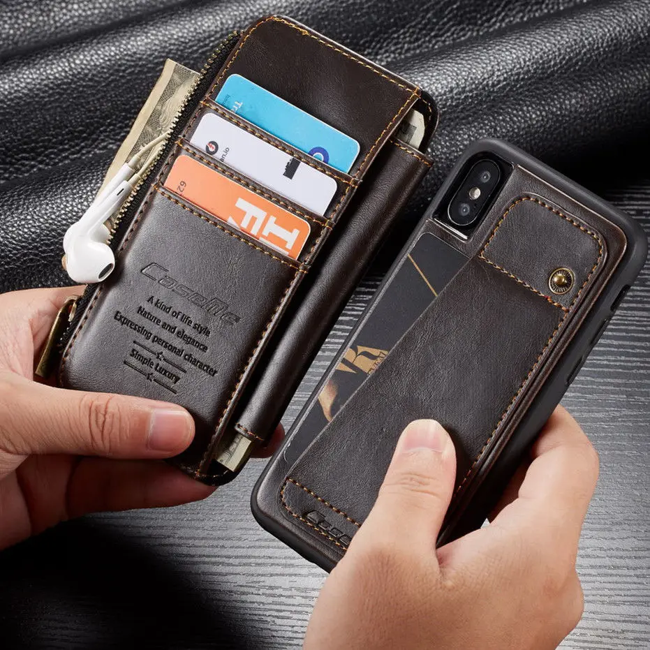 

For iPhone XS Max 6s 7/8 Plus pu Leather Removable Flip Detachable Wallet Card Slot Zipper Case Cover