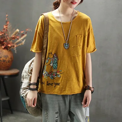 

Summer T-shirt Women Retro Loose Short Sleeve Pullovers New Tops O-Neck Embroidery Casual Female 2019 Vintage T-shirt