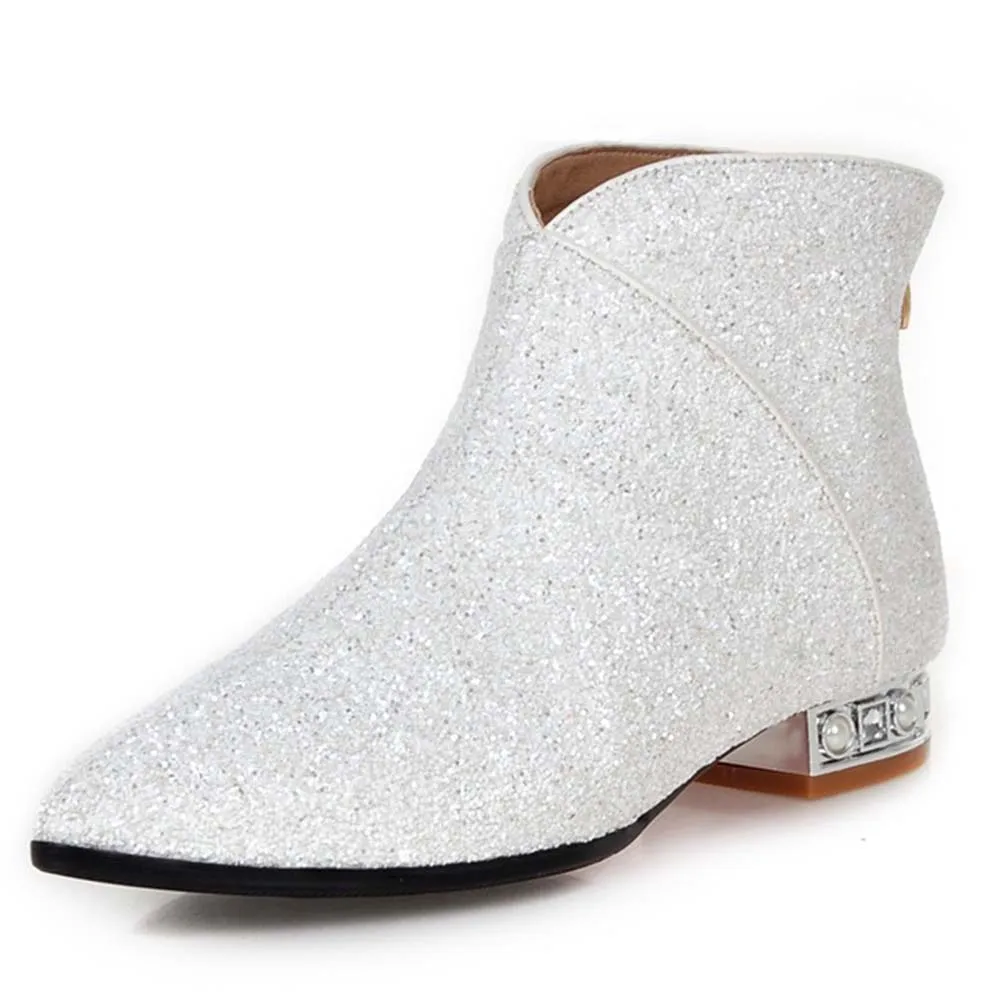 Lasyarrow/модные стильные женские зимние Ботинки martin; осенние ботильоны из блестящей кожи с острым носком на низком квадратном каблуке - Цвет: White