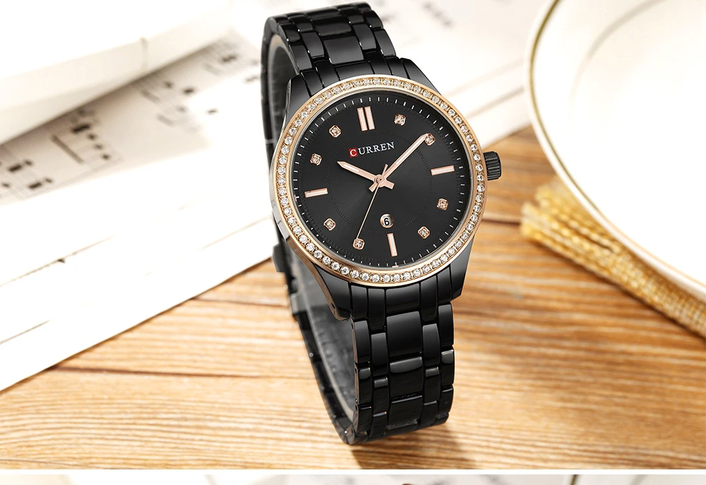 CURREN Роскошные модные женские нарядные кварцевые часы с автоматической датой наручные часы браслет из нержавеющей стали Дамский подарок хрустальный дизайн 9010