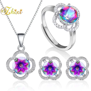 

ZHIXI 925 Sterling Silver Jewelry Set Natural Topaz Pendant Ring Earring New Engagement Wedding Trendy Gift For Women Rose T238