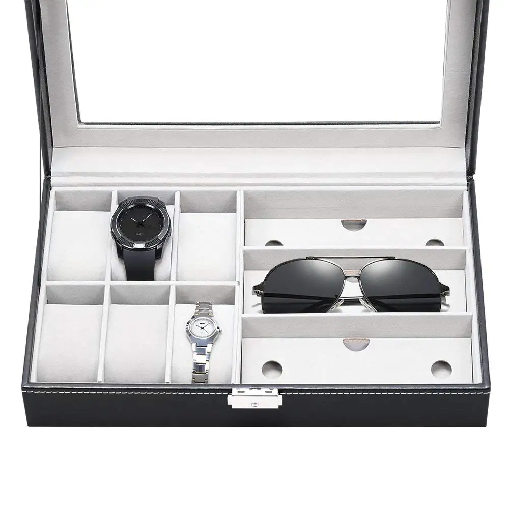 

SZanbana Men & Women 9 Slots Display Watch Storage Colleciton Box with 6 Piece Watch Case and 3 Piece Eyeglasses Plus Locker