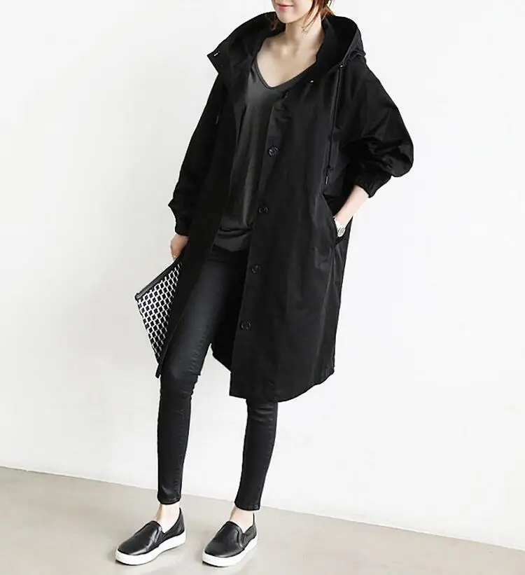 Longues S918 Femmes Casual Solide Couleur Vêtements À Manches Femme Capuche Manteau Poches 2018 Nouvelles Trench Black gray 6gpqAwXn8