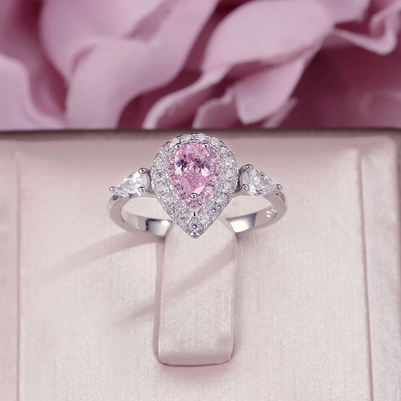 

100% 925 Silver Rings For Women Fine Jewelry Elegant Pink Water Drop Cubic Zirconia Ring Bridal Wedding Temperament Bijouterie