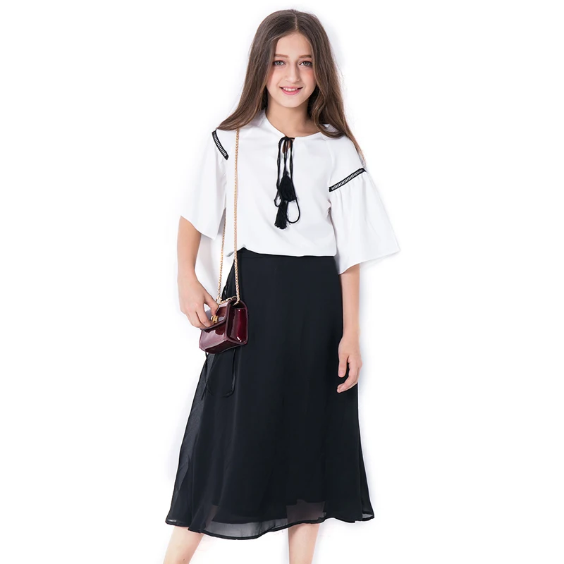 

Girls Chiffon sets for Teenage Girls Summer white Tops+Black Skirts 2PCS Kids Suits Children Clothing set Age 6 8 10 12 14 Years
