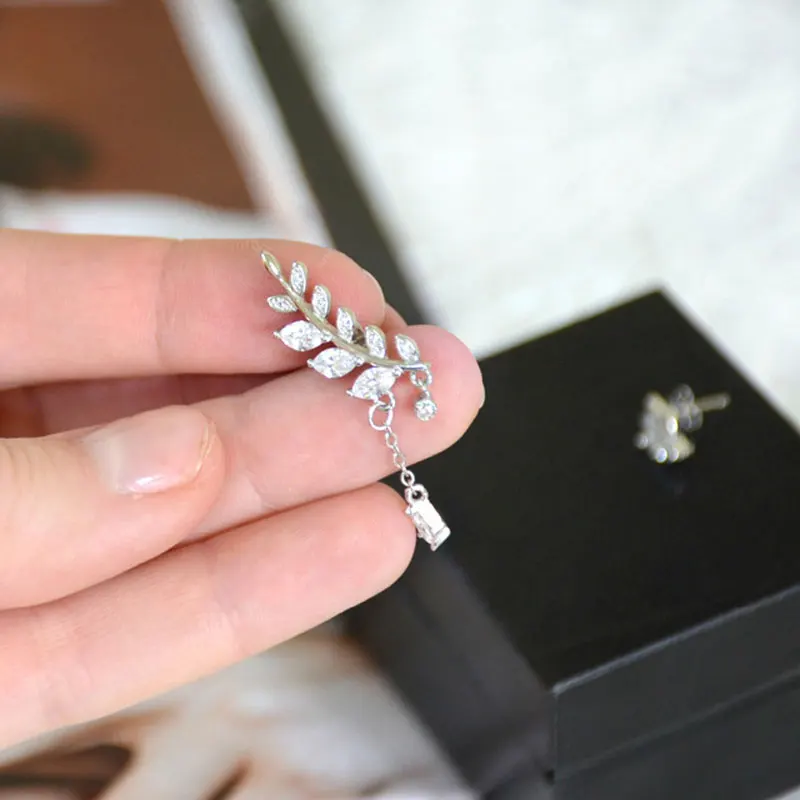 Rinntin 100% Sterling Silver Leaf Silver Color Stud Earring AAA Cubic Zircon Asymmetry Butterfly Female Jewelry for Women TSE06 Fine Jewelry