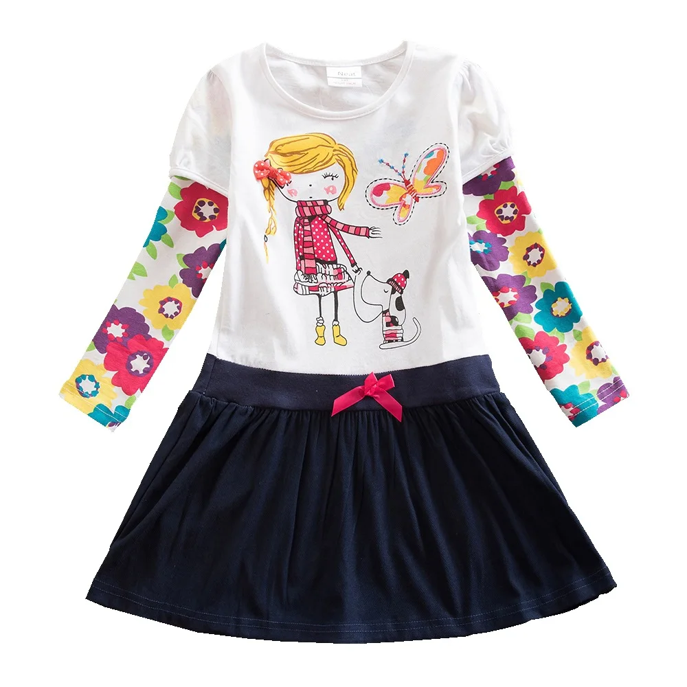 

Girl Dresses NEAT Summer Round Collar Cotton Children's Clothing Dot Flower Decorative Print Girl Long Sleeve Dress LH6495