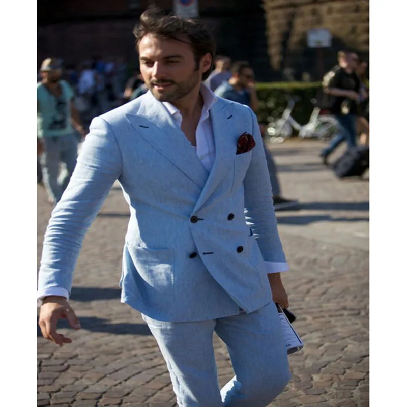 Luxury Price of  new 2018 Groom dress custom linen men's suit double-breasted summer suit light blue beach suit men 