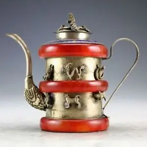 

Chinese Handwork Silver Jade Carved 12 Zodiac Teapot & Lid w Monkey Garden Decoration 100% real Tibetan Silver Brass