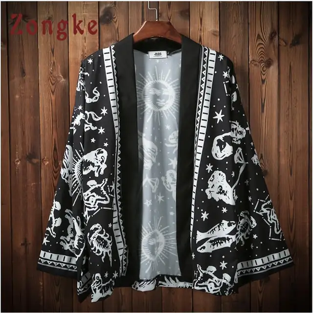 Zongke Japanese Harajuku Kimono Cardigan Men Black Beach