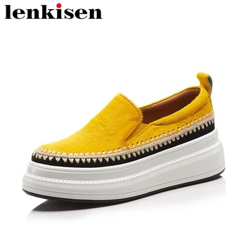 

Lenkisen hot sale handmade slip on horsehair round toe waterproof thick med bottom concise style women vulcanized cozy shoes L71