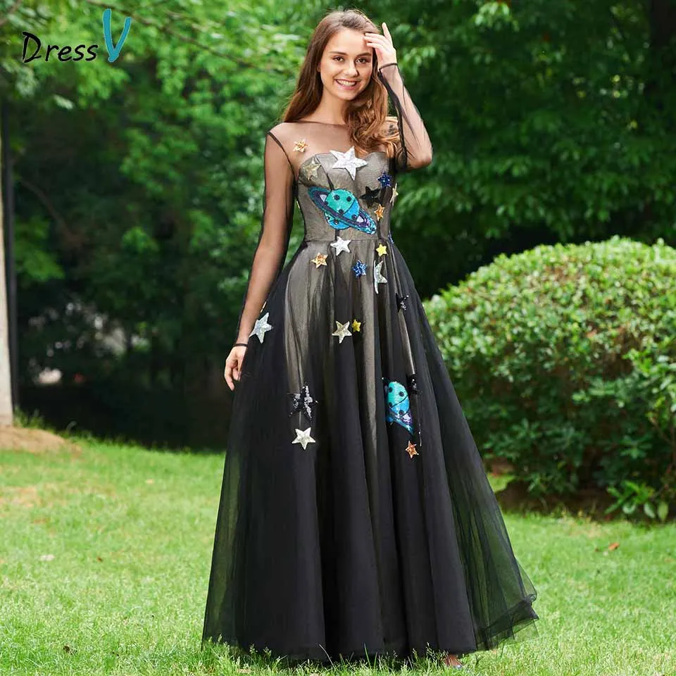

Dressv black evening dress scoop neck a line long sleeves floor-length appliques wedding party formal dress evening dresses