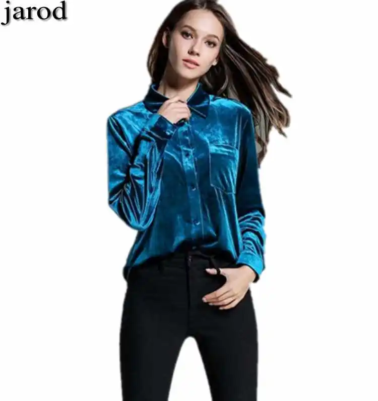 Spring Vintage Peacock Blue Velvet Shirt Women Clothes 2018 Retro Office Loose Women Tops Camisa Feminina