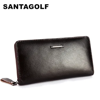 

100% Genuine leather men wallets Fashion Metal logo SANTAGOLF brand designer purses Long zipper Safe business men clutch bag