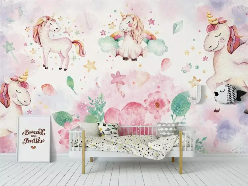Beibehang заказ обои современный Розовый Единорог цветок детская комната задний план стены papel де parede для детской комнаты