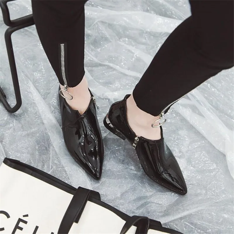Patent Leather Women Oxford Shoes Vintage Pointed Toe Side Zipper Woman Flats Loafers Black Casual Flat Oxford Shoes for Women (7)