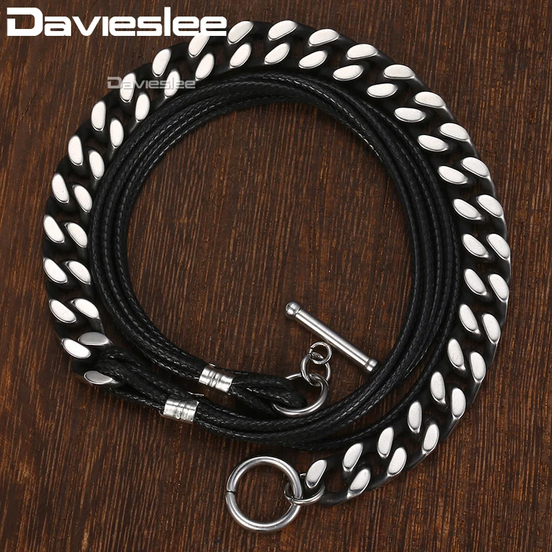 

Davieslee Bracelet for Men 6 Strands Man-made Leather Gunmetal Tone Stainless Steel Curb Cuban Chain Mens Bracelets 8mm DDLB66