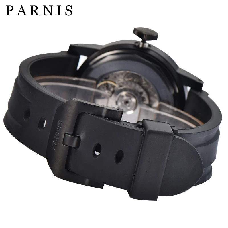 43mm Men Mechanical Watch Parnis Mens Automatic Watches GMT Sea-gull 2557 Black Rubber Strap 100M W