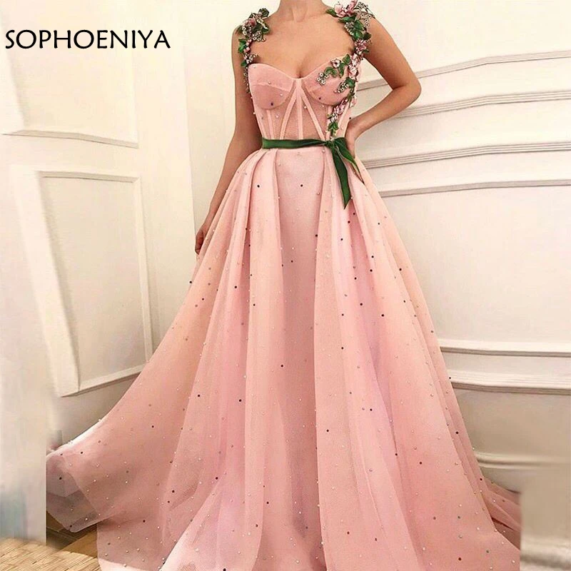 

New Arrival Pink Tulle evening dresses Long 2019 Party dress evening gown Dubai Kaftan Formal dress Robe de soiree courte