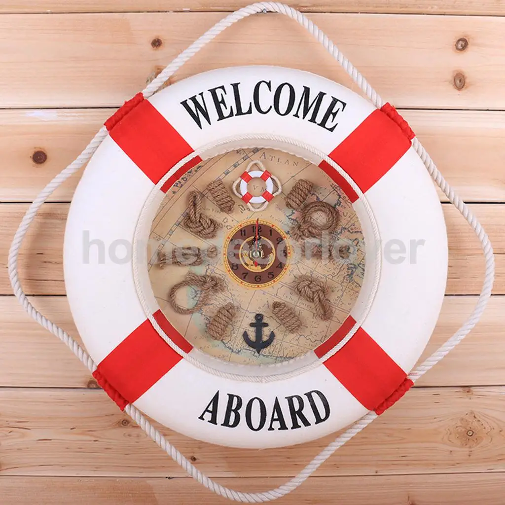 

35cm Wall Door Hanging Nautical Coast Life Buoy Ring Clock Plaque Decor Red