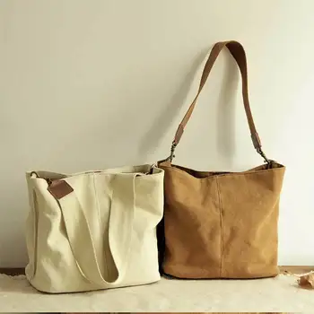 

Large Tote Canvas Vintage Bag Women Canvas Bucket Bag Shoulder Woman Casual Handbag Simple Cloth Bags Cute Ladies Shoulder Bag