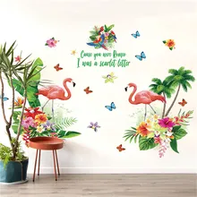 

Pink Flamingo Green Plant Wall Sticker For Study Room Home Decoration Background Decal Pvc Plane Mural Door Diy Wallpaper Top