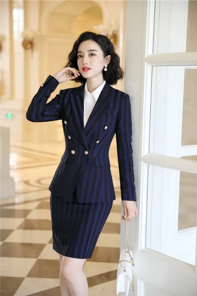 Высокое качество ткань Формальные женские деловые костюмы с блейзером и юбкой Модные Полосатые для дам рабочая одежда блейзеры комплект одежды - Цвет: Navy Blue Striped