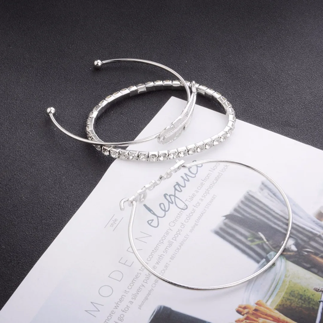 3pcs/Set Women Leaf Feather Love Crystal Rhinestone Open Bangle Bracelets