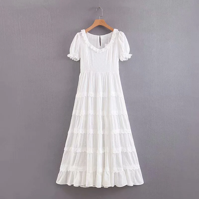 

Embroidery Maxi Dress Spring Summer Hollow Out White Ruffles Dress Short Sleeve Elegant Party Vestido Dreese