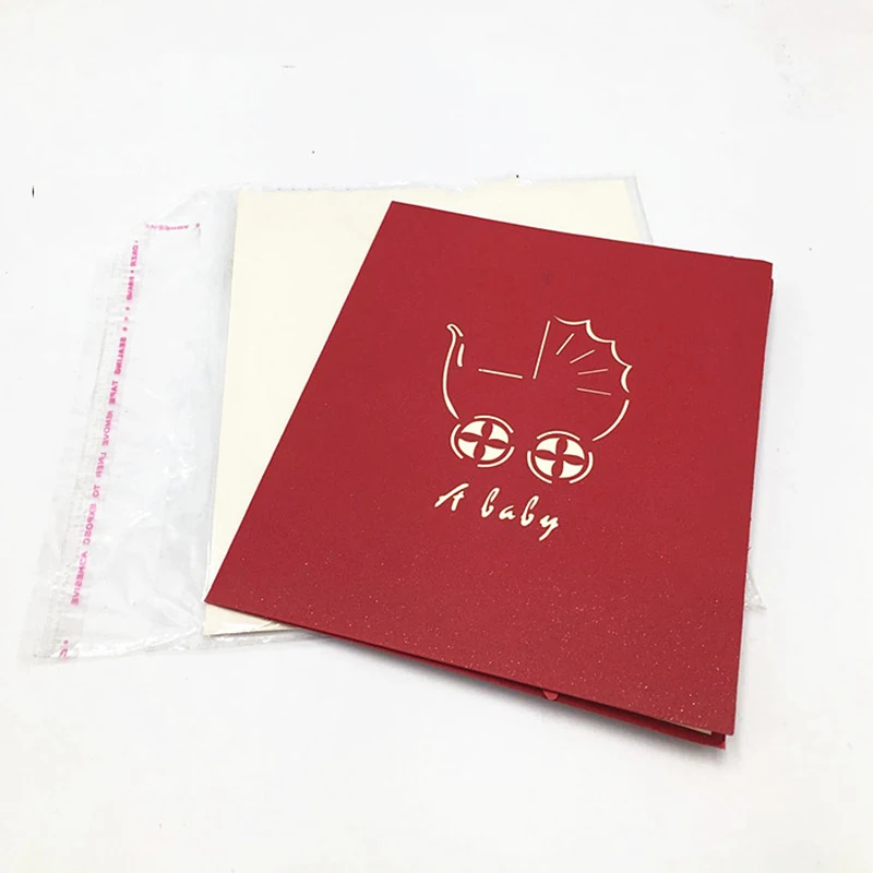 1pcs Laser Cut baby Stroller 3D Pop Up Greeting Cards With Envelope Postcard Invitation Kids Newborn Baby Shower Party Supplies
