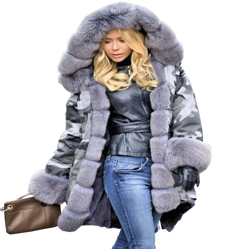 Roiii Women Long Military Parka Jacket Camouflage Print