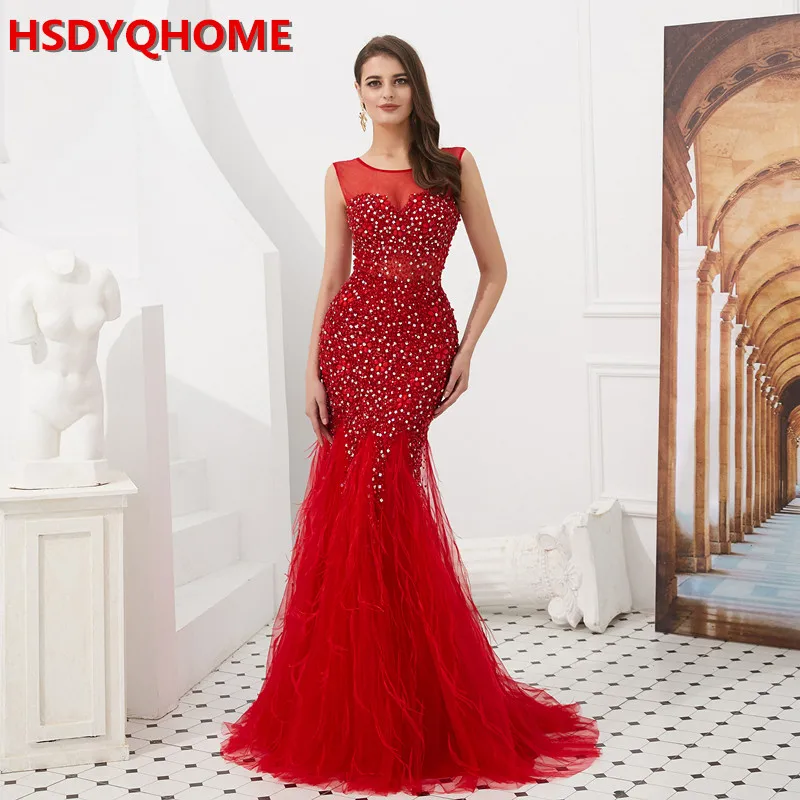 

Red Mermaid Evening Dress Sexy Illusion Gown Beading Backless Sequin Sleeveless Party gown