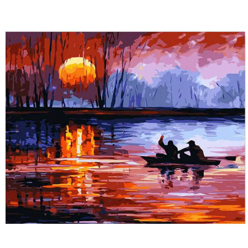 Романтическая картина для прогулок по номерам, ручная роспись, картина маслом для влюбленных в дождь, домашний декор, закат, лодка, 40x50 см - Цвет: scenery painting 15