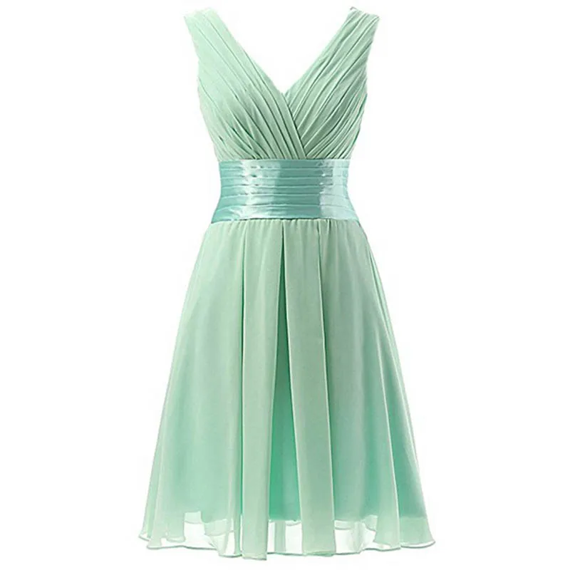 

U-SWEAR 2019 New Simple A-Line Bridesmaid Dresses V-neck Knee-Length Chiffon Maid of Honor Mint Sleeveless Mariage Formal