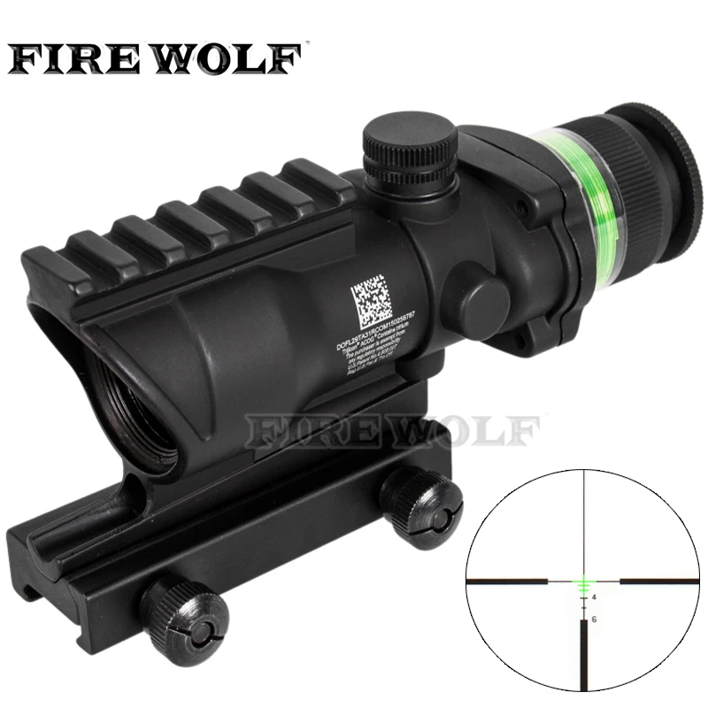 

Tactical Acog Style 4x32 Rifle Scope BK Red Dot Green Optical Fiber 20mm Rail