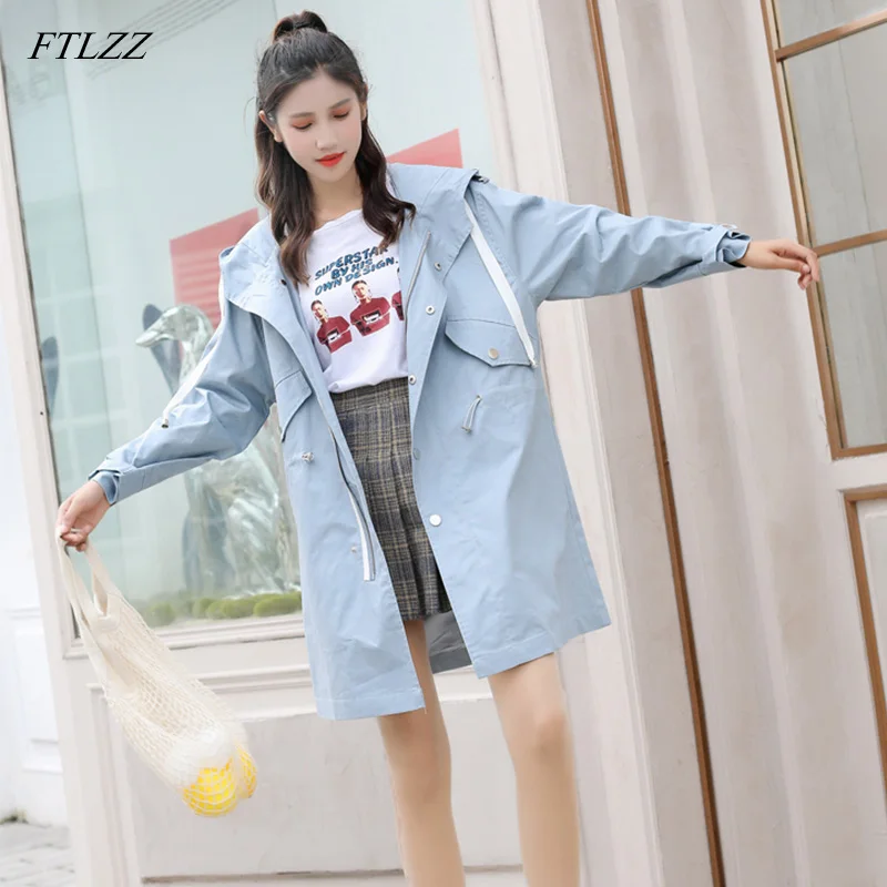 

FTLZZ Hooded Windbreaker Long Coats Women Trench Coats Spring Autumn Female Sash Tie Up Casual Ladies Outerwear