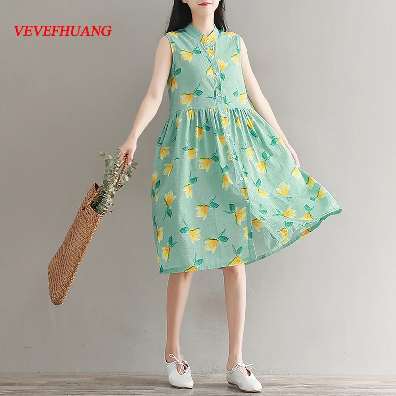 

2018 Summer Women Cotton Linen Sleeveless Dress Stand Collar Floral Print Femme Vestidos Elegant Mori Girl Tank Dress M-2XL