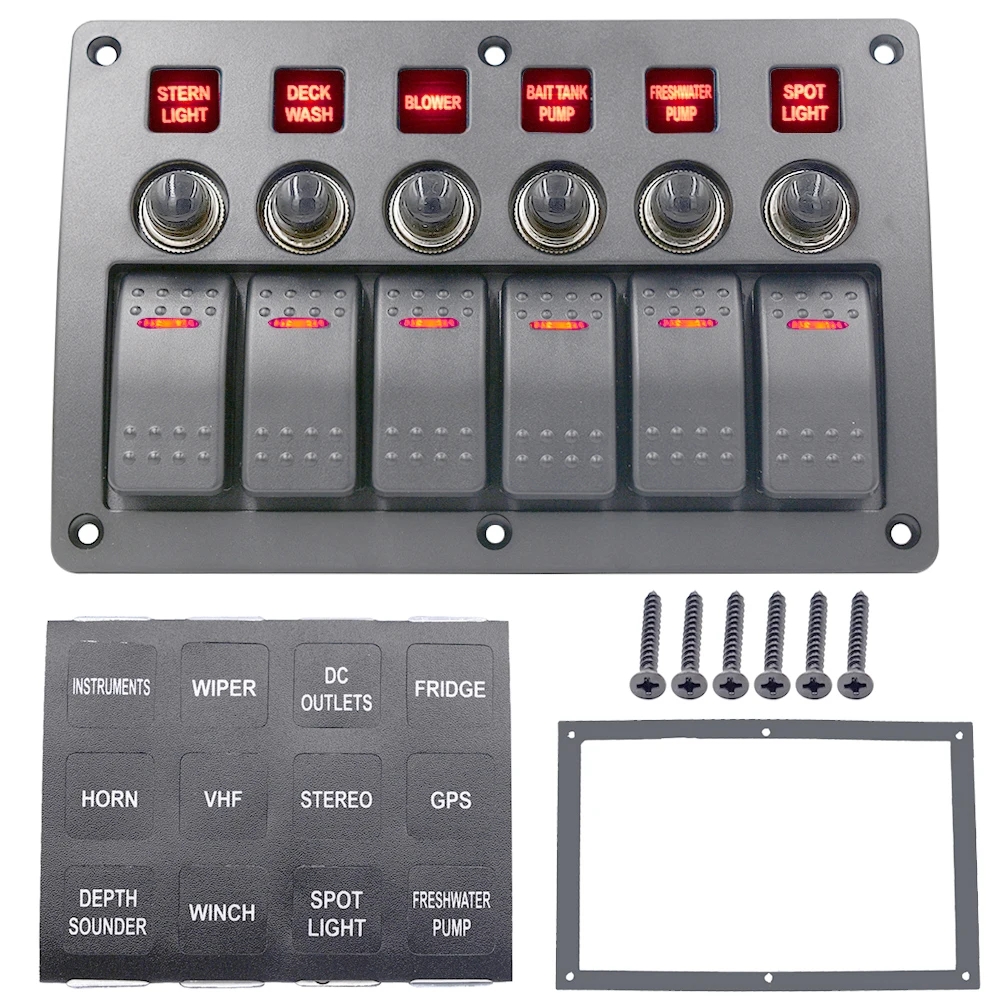 

6 Gang Rocker Switch Panel with LED Indicator Light Waterproof Circuit Breakers Switch Panel 12V ~24V for Boat Car