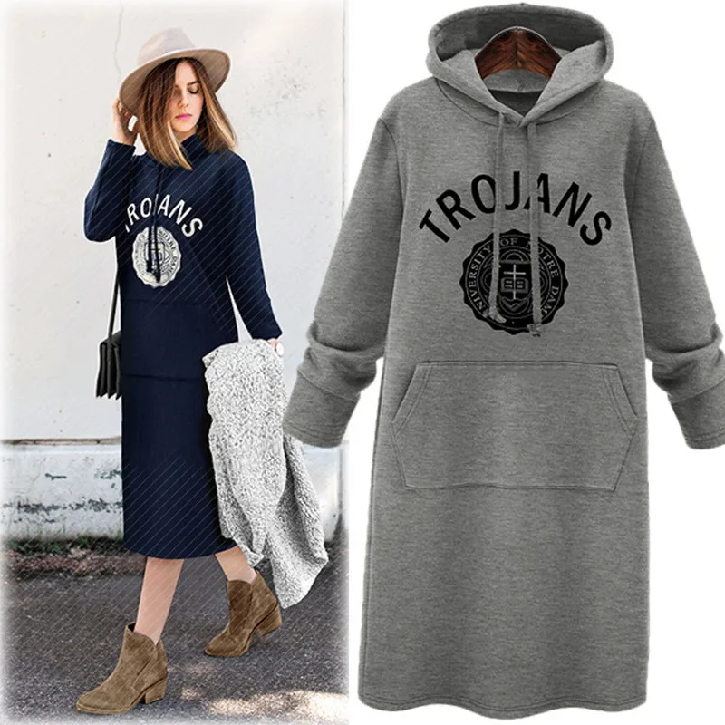 

New Autumn Style Women Dresses Vestido Fashion Plus Size Casual Pocket Print Hoodies Sweatshirts Dress For Women Large One-Piece