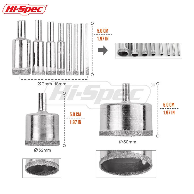 Hi-Spec, 10 шт., 3-50 мм, Алмазное покрытие, кольцевая пила, набор сверл, керамический фарфор, стекло, мрамор, полый экстрактор, набор для удаления, TT004
