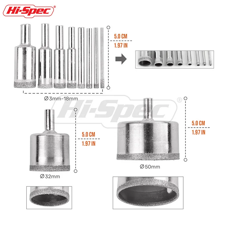 Hi-Spec 10pc 3-50mm Diamond Coated Core Hole Saw Drill Bit Set Ceramic Porcelain Glass Marble Hollow Extractor Remover Set TT004